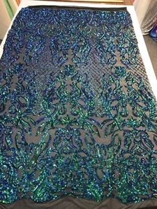 IRIDESCENT GREEN SEQUINDAMASK DESIGN EMBROIDERY ON A 4 WAY STRETCH MESH-BY YARD - Picture 1 of 9