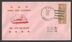 1951 COVER #849 PREXY VERTICAL COIL PR 15c ON CACHET NAVAL COVER USS ROCKBRIDGE - Bild 1 von 1