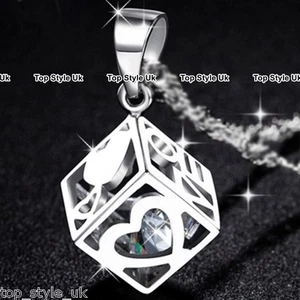 Diamond Inside Cube Necklace Heart Pendant Gifts for her Daughter Ladies Girls - Picture 1 of 5