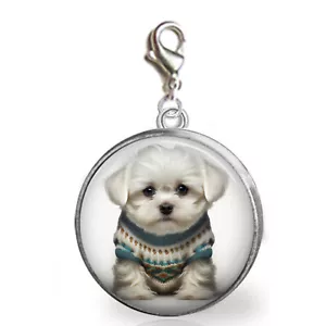 Maltese Puppy Dog Clip On Charm Bracelets Zipper Pull Purse Charm Handcrafted - Picture 1 of 1