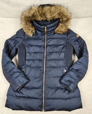 Michael Kors Puffer Jacket Womens Large Navy Blue Hooded Down Feathered - Image 1 of 4
