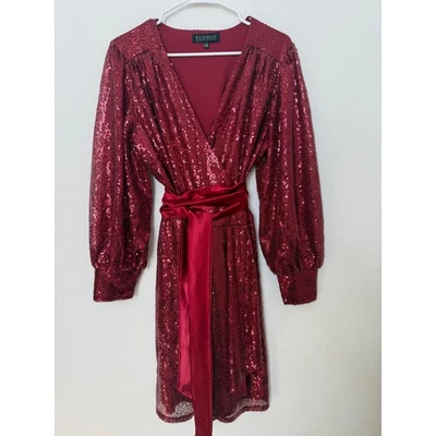 Vestido envolvente sintético lentejuelas rojas ELOQUII manga larga satinado cinturón midi talla 16 vacaciones Foto 1 de 4