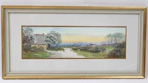 Charles Graham 13x4 Antique Watercolor Painting Cottage Landscape Sunset Birds - Picture 1 of 10
