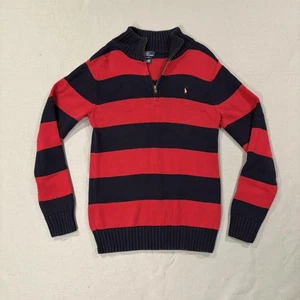 Polo Ralph Lauren Sweater Boys XL Red Navy Rugby Stripe 1/4 Zip Cotton Pony - Picture 1 of 10