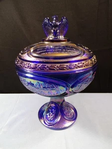 Fenton Blue Carnival Glass Bicentennial Covered Candy Dish Eagle Finial INV3 - Picture 1 of 12