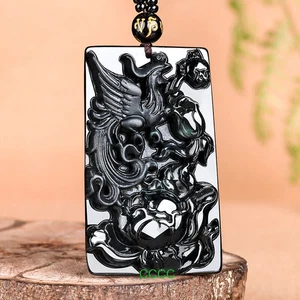 Black Myanmar Jade Phoenix Pendant Necklace Natural Burmese Jadeite - Picture 1 of 4