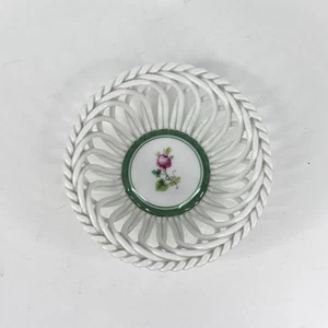 Herend Hungary Reticulated Ceramic Basket Pink Roses Green Border 3.5" #7373 - Picture 1 of 10