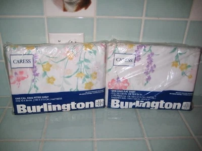 Комплект новый нераспакованный винтажный Burlington Caress Cal. Комплект простыней King с цветочным узором перкаль на резинке плоский - Изображение 1 из 4
