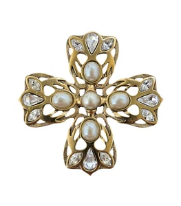 Spilla croce maltese marca 1928 cristallo tono oro e perla - Foto 1 di 6