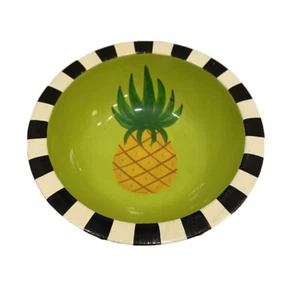 Jessie Mac Hand Painted Wood Bowl 7” Black Check Pine Apple Green Signed - Picture 1 of 11