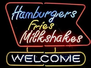 Hamburgers Fires Milkshakes Welcome Neon Sign 24"x20"  Restaurant Wall Deocr - Imagen 1 de 3