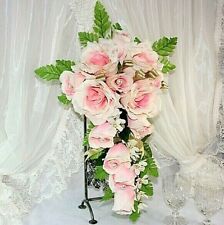 1x 8" White & Pink Rose Teardrop Bouquet Wedding Artificial Silk Flowers