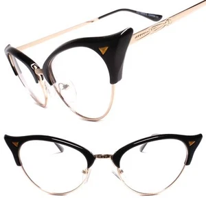 Elegante y Elegante Retro Ojo de Gato Estilo Lente Transparente Gafas Marco Dorado y Negro - Imagen 1 de 4