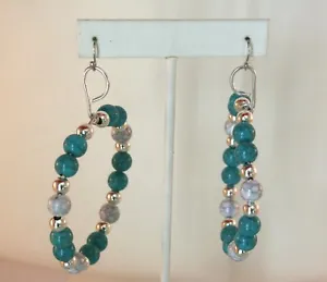 Stainless steel faux white & blue turquoise, silvery beads hoop dangle earrings - Picture 1 of 3