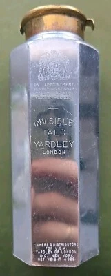Botella de lata de colección Invisible Talc Yardley London tono plata parcialmente llena en polvo Foto 1 de 4