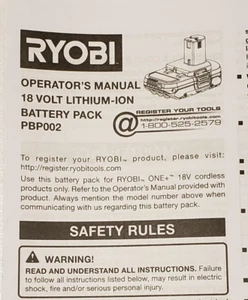 RYOBI 18V PBP002 Lithium-Ion Battery Pack Operator Manual English French Spanish - Picture 1 of 1