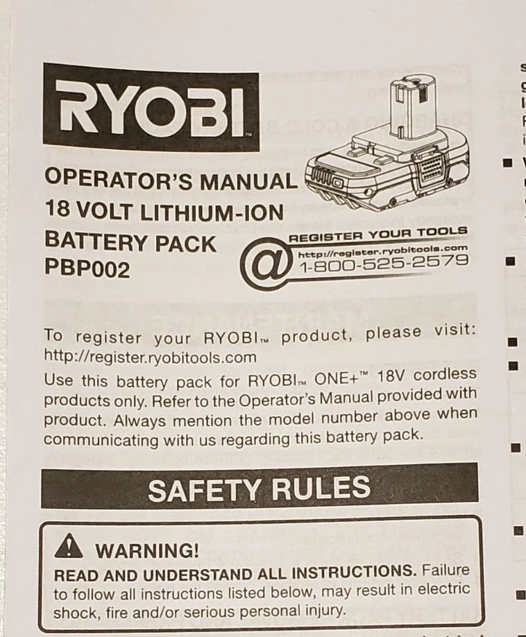 RYOBI 18V PBP002 Lithium-Ion Battery Pack Operator Manual English French Spanish - Image 1 of 1