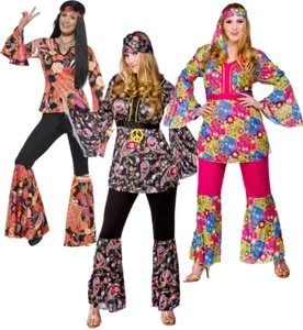 Damas Disfraz Hippie Verano Retro Vestido Elegante Conjunto Hippy Años 60 70 Discoteca - Imagen 1 de 18