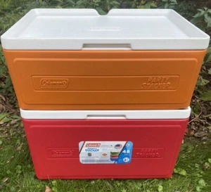 Lot Of 2 Vintage Red Orange White Coleman Party Stacker Coolers Mod# 9223 & 6225 - Picture 1 of 9