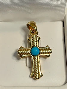 14k Gelbgold Italien 585 Türkis Akzent Stein gedrehtes Kreuz Anhänger 2,8g 30mm - Bild 1 von 10
