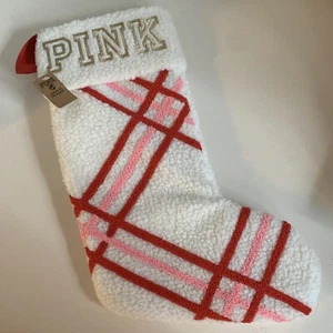 PINK fuzzy Christmas stocking Victorias Secret Red Pink Gold White - Picture 1 of 8