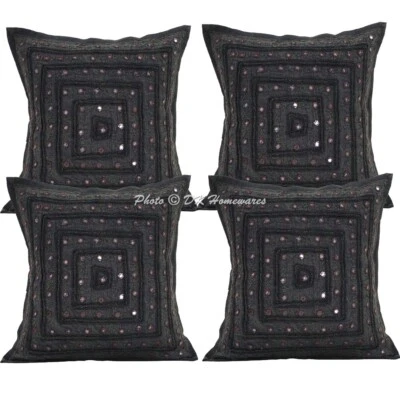 Juego de 4 fundas de almohada de algodón bordadas de encaje indio espejado Foto 1 de 4