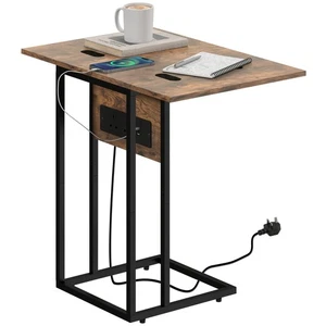 HOMCOM C Shaped Side Table with Charging Station and Foldable Top - Picture 1 of 11