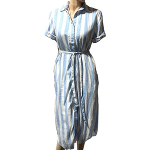 Ann Taylor Midi Shirt Dress Women’s Size 4 Blue White Striped Linen Blend Chic - Picture 1 of 9