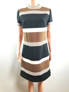 Vtg 60/70 Leslie Fay Shift Dress S-M Stripe Knit Color Block Black Brown Hip Mod - Picture 1 of 9