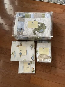 Pottery Barn Twin Quilt Kids Jurassic Dinosaur Madras Sham & Sheet Set Blue #6 - Picture 1 of 5