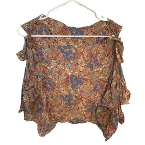 Women’s Sleeveless Open Blouse Tie Strap Ruffle Tan Blue Pink Teal Floral - Picture 1 of 8
