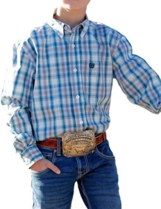 Cinch Youth Boy's Long Sleeve Plaid Button Up Western Shirt Blue/Gray - Picture 1 of 6
