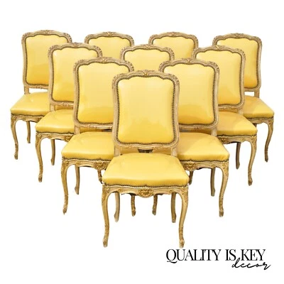 Vintage French Louis XV Style Parcel Gilt Carved Dining Side Chairs - Set of 10 - Image 1 of 4