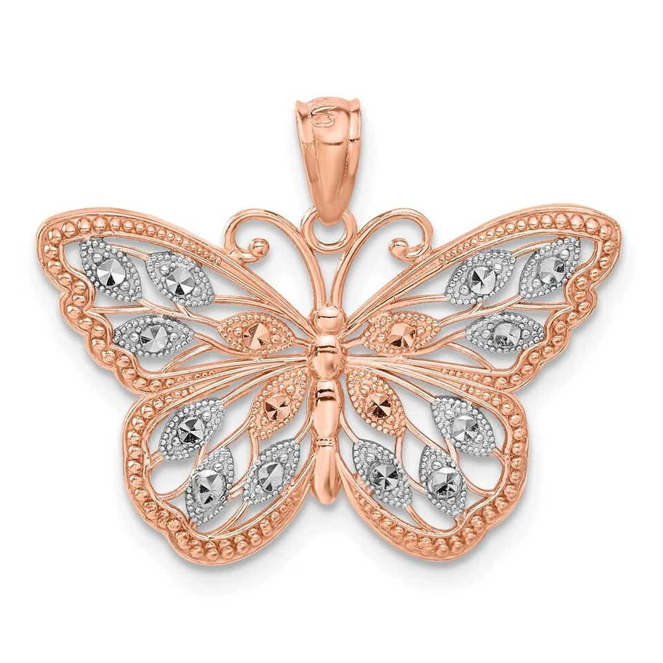 Colgante mariposa real de oro rosa de 14kt con corte de diamante rodio Foto 1 de 4