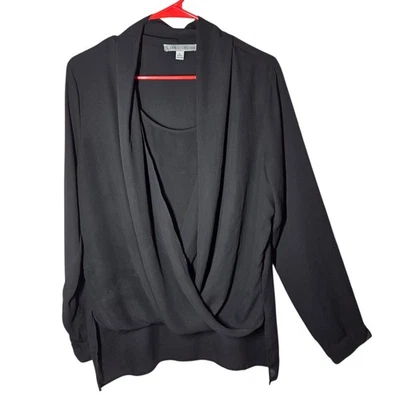Blusa elegante Larry Levine negra manga larga sobrepelliz dobladillo alto-bajo cuello redondo XL Foto 1 de 4
