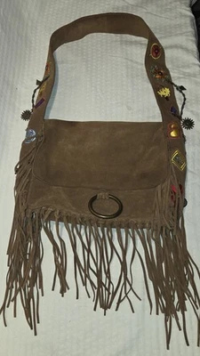 De Colección FRANCESCO BIASIA Gamuza Cuero Bordado Flecos Bolso Hobo Hippie Marrón Cartera Foto 1 de 4