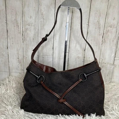 Bolso de Hombro Gucci Horsebit GG Lona Cuero Marrón Oscuro USADO Auténtico #S3059 Foto 1 de 4