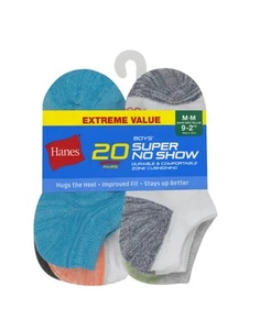 Hanes No Show Socks 20-Pack Boys Super Lightweight Soft Bulk Assorted Colors - Picture 1 of 4