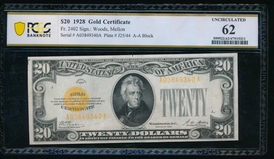 AC Fr 2402 1928 $20 Gold Certificate PCGS 62 - Image 1 of 2
