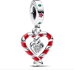 PANDORA Charm Sterling Silver ALE S925 DOUBLE CANDY CANE HEART 792822C01. - Foto 1 di 2