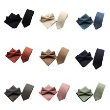 Men Velvet Striped Necktie Bowtie Pocket Square Wedding Tie Handkerchief Set
