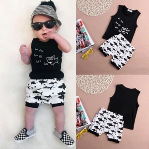 2PCS Newborn Boys Baby Clothes Shark Vest Tops Stripe Shorts Cotton Outfits - Picture 1 of 7