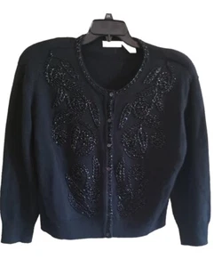 Vintage Liz Claiborne Med Merino wool Cardigan Beaded Sweater Shoulder Pads - Picture 1 of 5