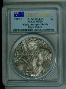 AUSTRALIA 2017-P $2 KOALA 2 OZ. .9999 SILVER ANTIQUE FINISH PCGS MS-69 - Picture 1 of 2