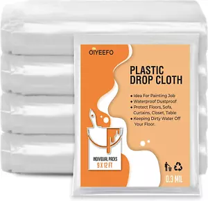 Clear Plastic Sheeting Drop Cloths for Painting, 5 Pcs 9X12Ft Plastic Tarp Water - Picture 1 of 12
