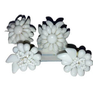 2 pr. GERMANY White Milk GLASS Cluster FLOWER Floral Beaded Earrings clip screw - Picture 1 of 15