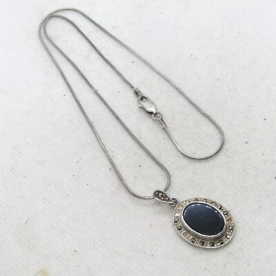 Collar de plata de ley 925 de ónix negro y piedra de marcasita 16" K5336 de SU Foto 1 de 4