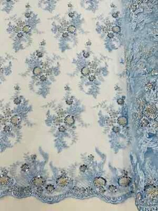 Beaded Flower Cluster Fabric - Baby Blue Embroidered Border Floral Fabric Yard - Picture 1 of 4