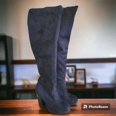 Bambú Negro Gaby-12 Sobre la Rodilla Gruesa Bota Imitación Gamuza - EE. UU. 10 Foto 1 de 4