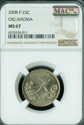 2008 P OKLAHOMA QUARTER NGC MS67 PQ BUSINESS STRIKE MAC SPOTLESS RARE . - Image 1 of 2